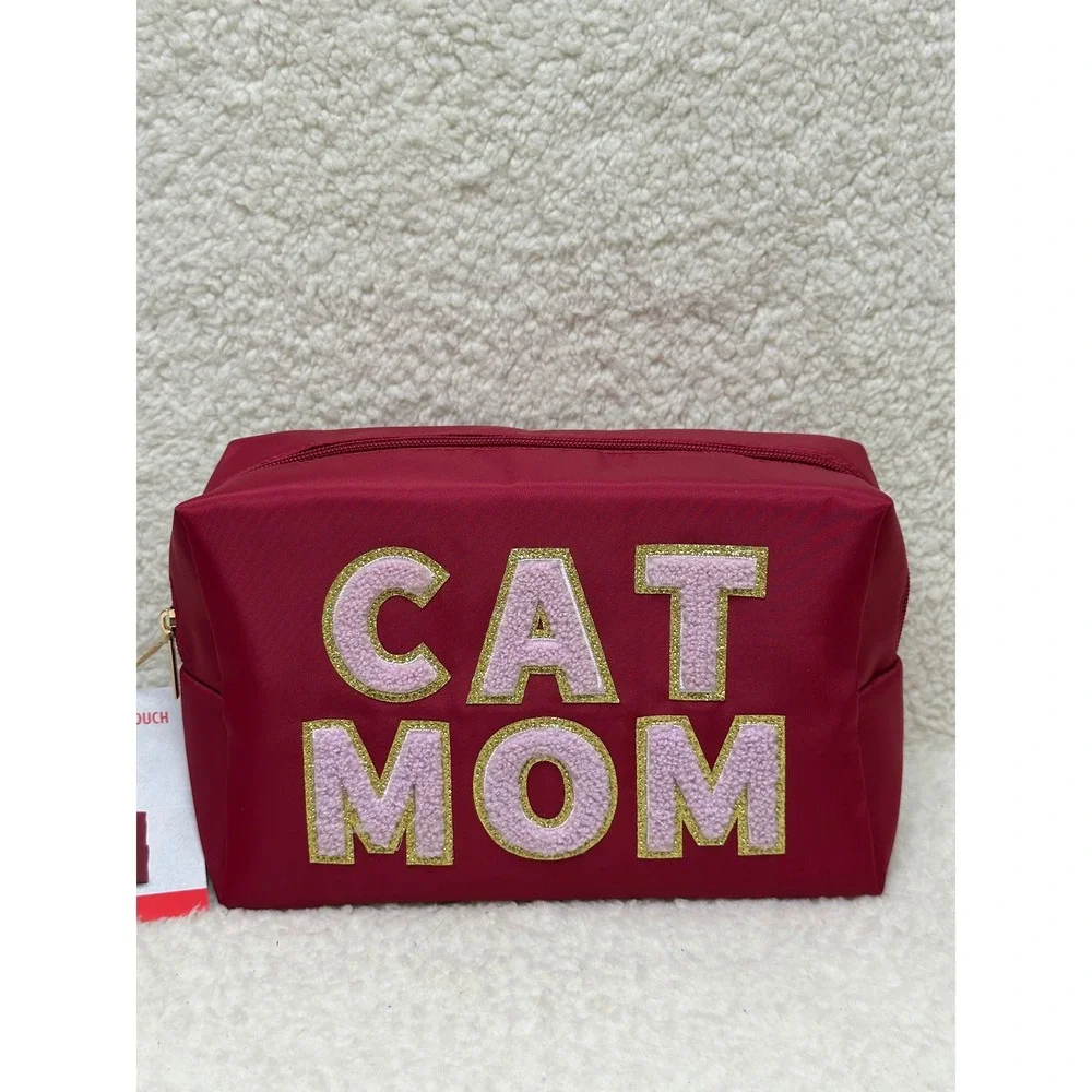 Travel Toiletries Cat Mom Pouch Burgundy Chenille Patch Varsity Makeup Bag New
